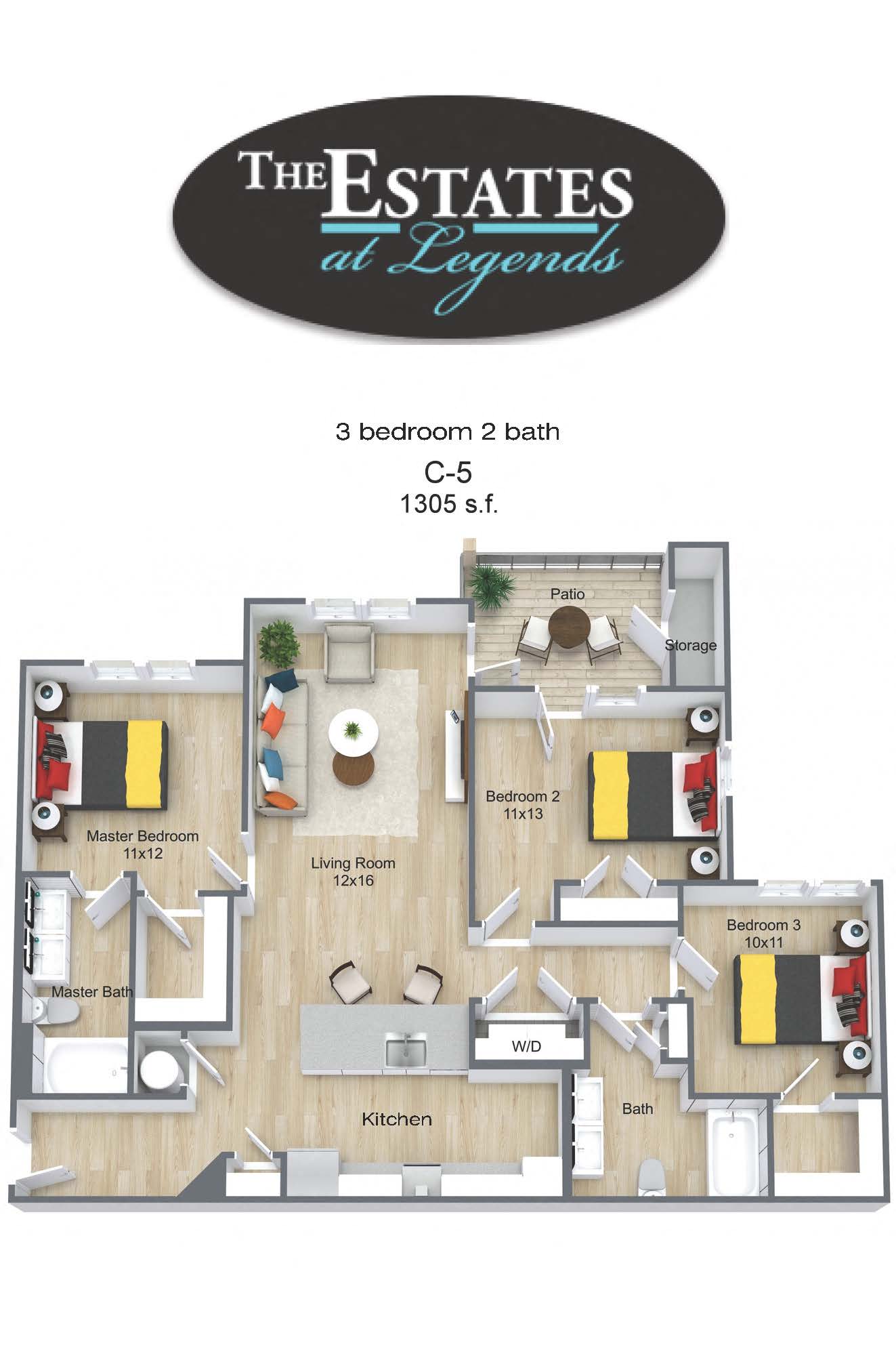Floor plan for 3 beds, 2 baths, 1305 sqft